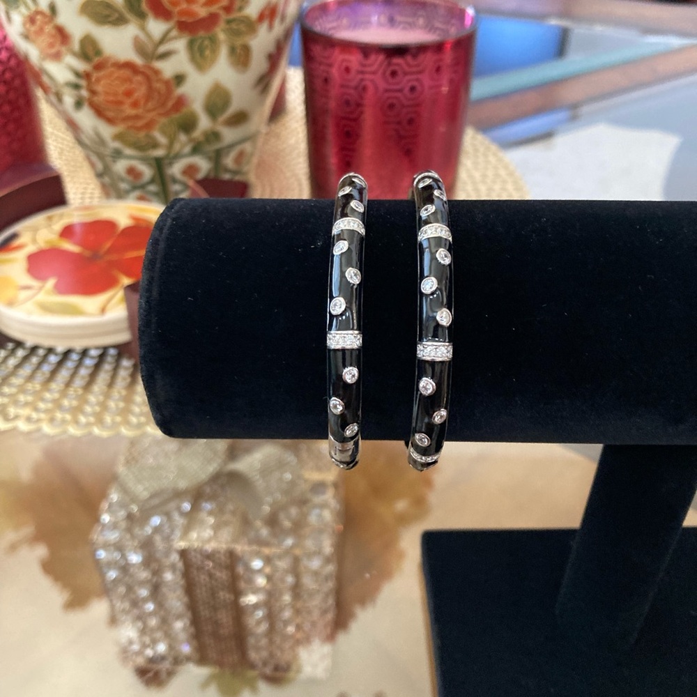 Pre-Loved Set Of 2 Black Enamel/Cubic Zirconia Cuff Bracelets